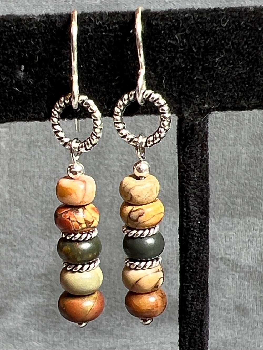 Picture Jasper dangle earrings, sterling silver Bali spacers, sterling ear wires